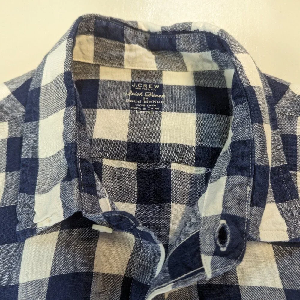 J. Crew Size Large 100% Linen Navy/White Checkered Button Down